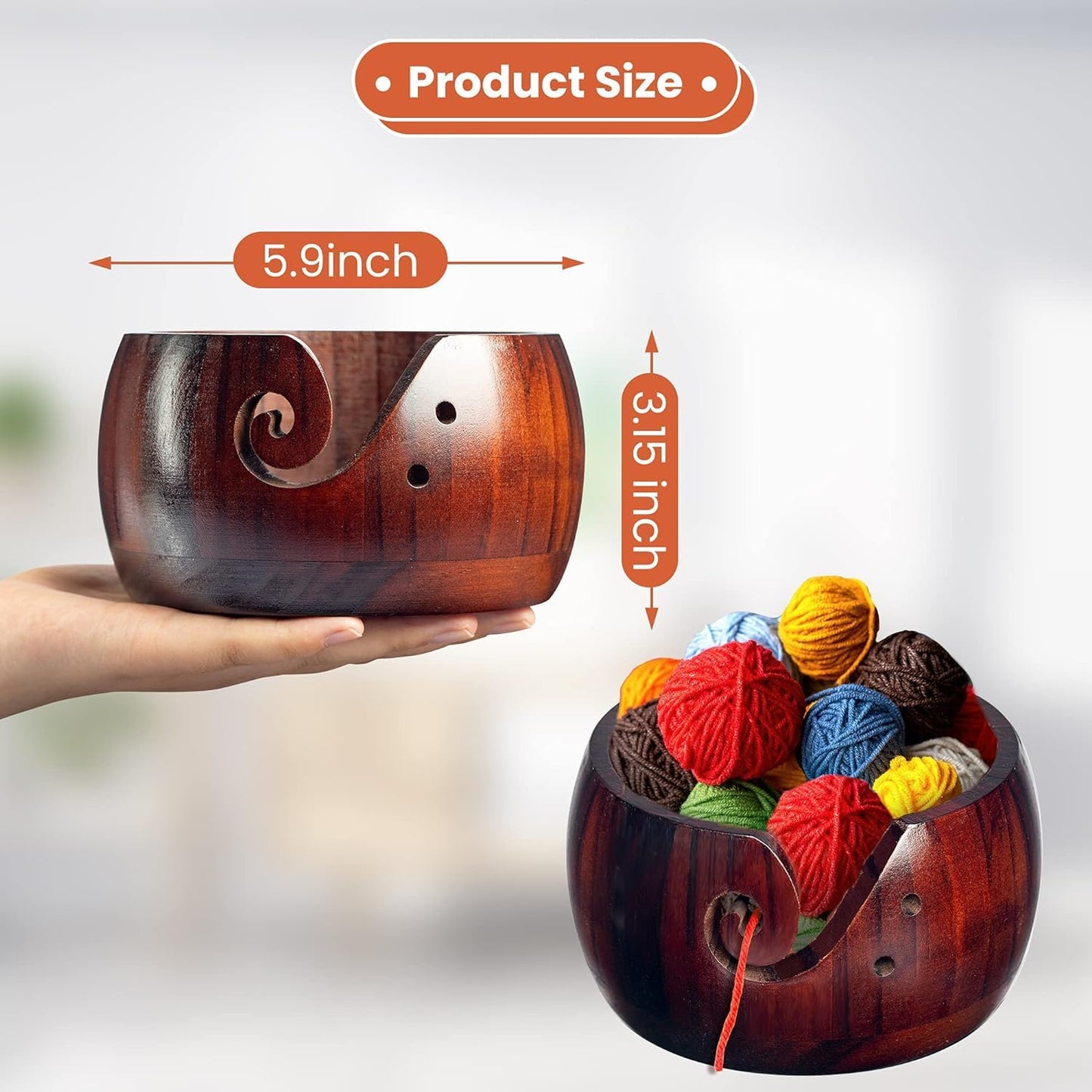 IUAQDP Wooden Yarn Bowl for Crocheting and Knitting, Crochet Wool Yarn Storage Basket Round with Holes Handmade Holder 6" x 3" for Christmas Mothers Day Birthday Hand Made Knitting String Lovers