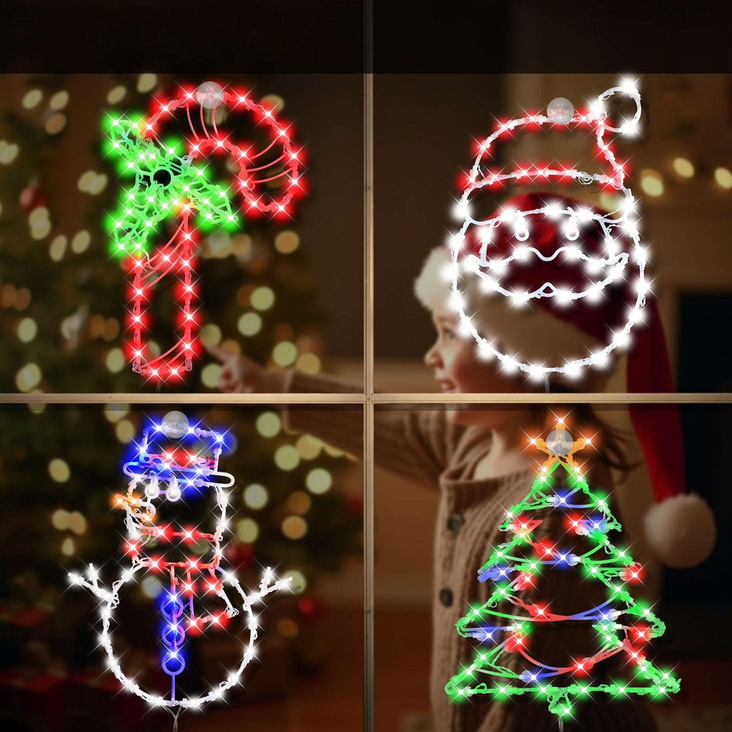 4 Pack Christmas Window Silhouette LED Lights Decorations, Santa Claus, Xmas Trees, Candy Cane, Snow Man Christmas Window Light Decorations with 50 Bulbs for Holiday Wall Door Glass Decorations