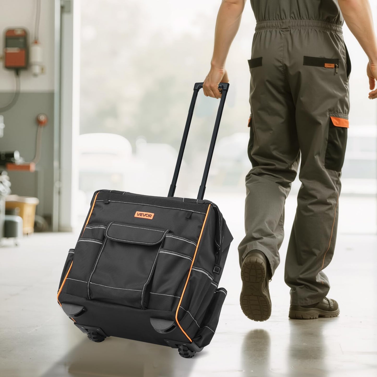 VEVOR 15" Rolling Tool Bag, 110 lbs Load Capacity, 25 Pockets Heavy Duty Roller Tool Bag on Wheels, Adjustable Telescoping Handle & Stable Base, Toolbag Organizers w/Wheels for Construction, Mechanic