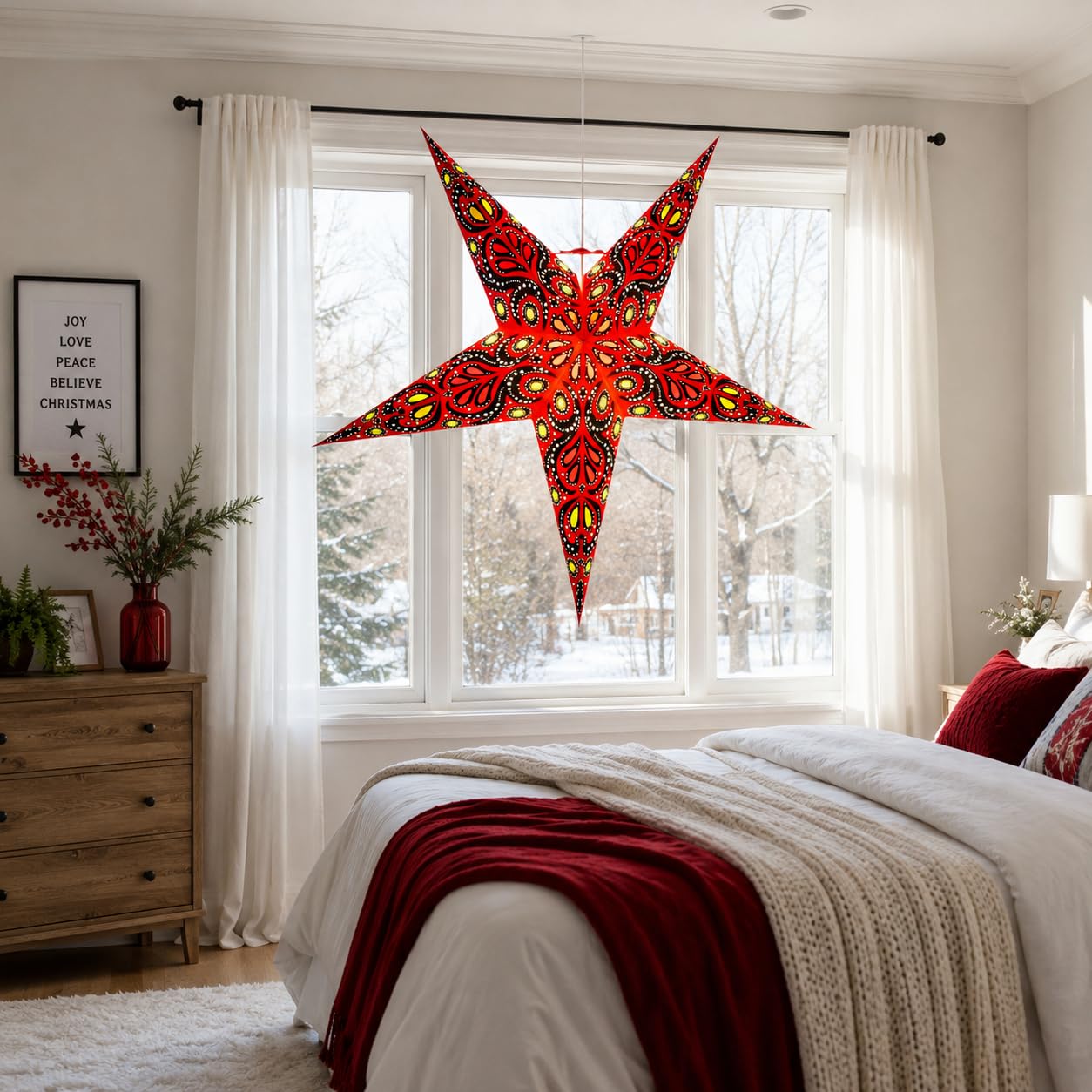 YEPSIO Lantern Lampshade Paper Star Light Shades Large 60cm Hanging Decorations for Christmas Wedding Home Decoration Birthday Party Foldable 5 Pointed Star (Red, Black, Yellow)