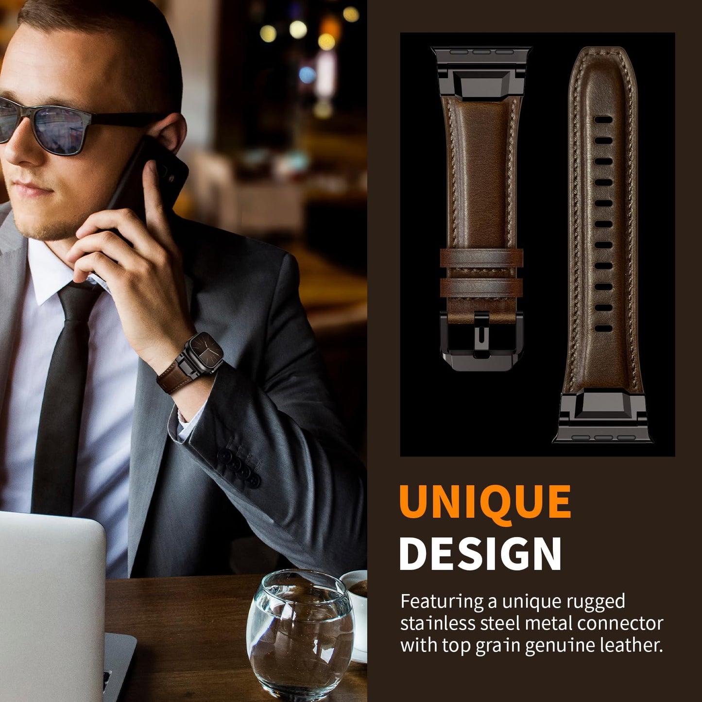 LOIRNBR Leather Bands Compatible with Apple Watch Ultra 3/2/1 Band 49mm 46mm 45mm 44mm 42mm, Genuine Leather Metal Connector Strap for iWatch Ultra Series 11/10/9/8/7/SE/6/5/4/3/2/1, Dark Brown/Black