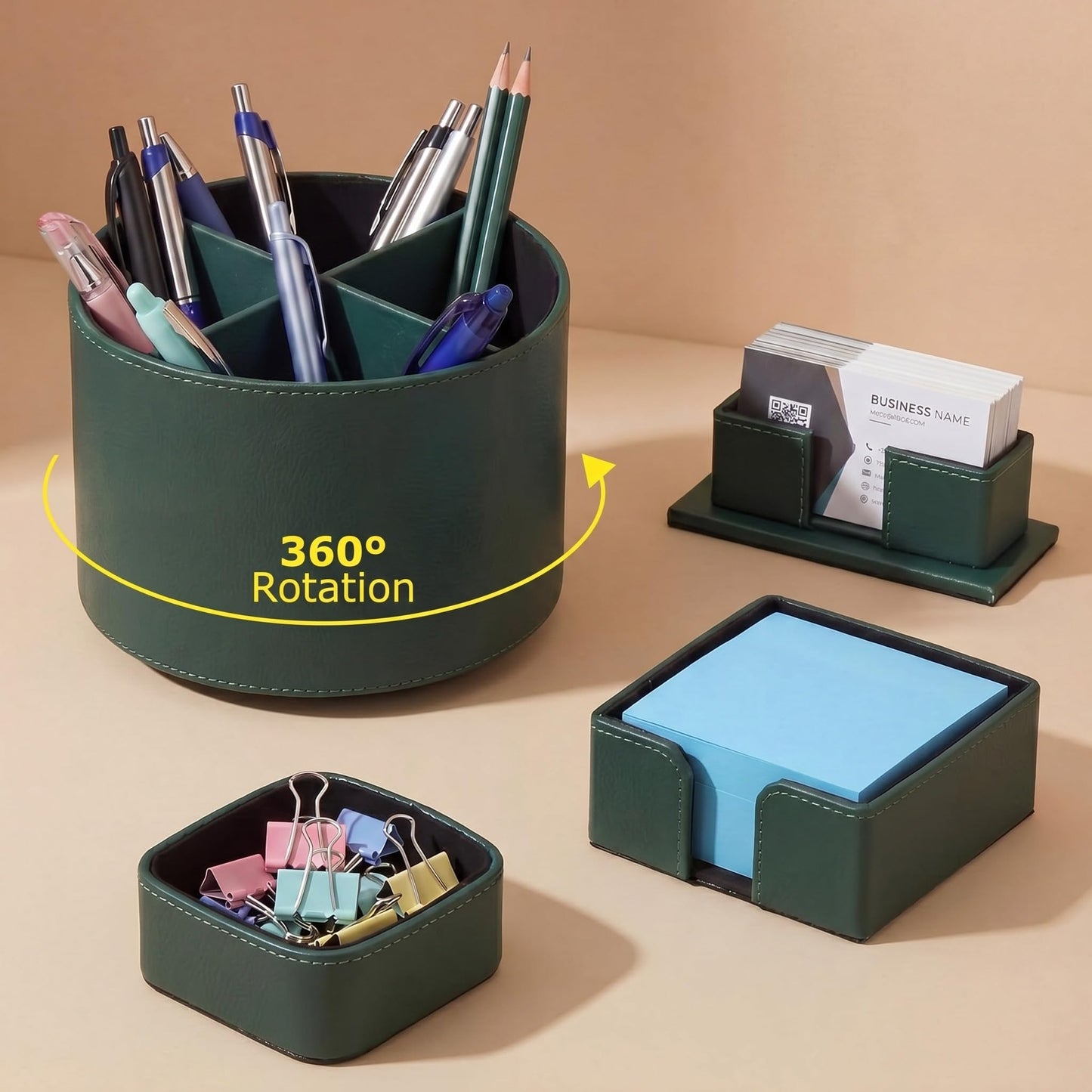 YooNotee 4 Pcs Rotating Leather Pen Holder Organizer Office Desk Accessories Set with Business Card Sticky Note Holder Paperclip Storage Desktop Storage Supply for Teacher Back to School Gift(Green)