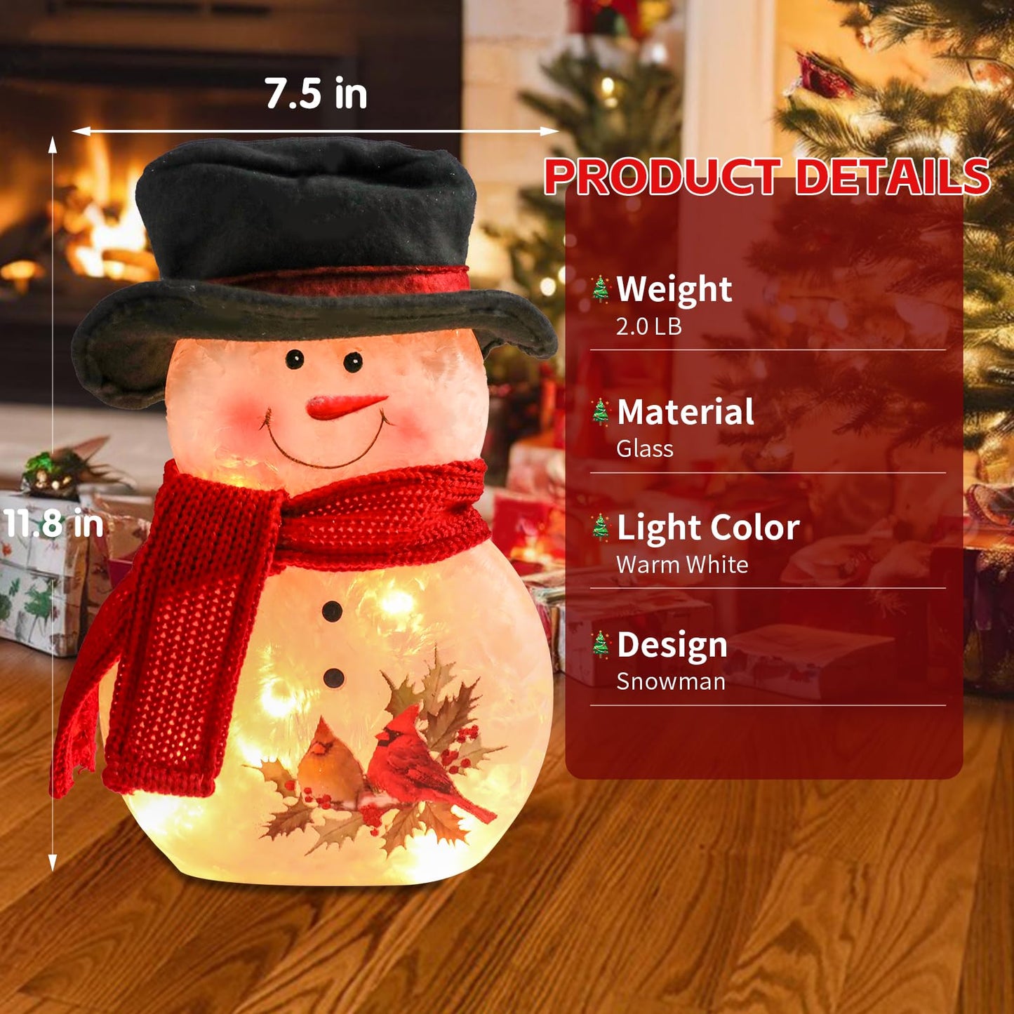 Yinns Lighted Christmas Snowman Lamp, Glass LED Light up Snowman Decor with Hand Painted, Christmas Decorations Night Light with Hat and Scarf, Xmas Holidays Home Decor