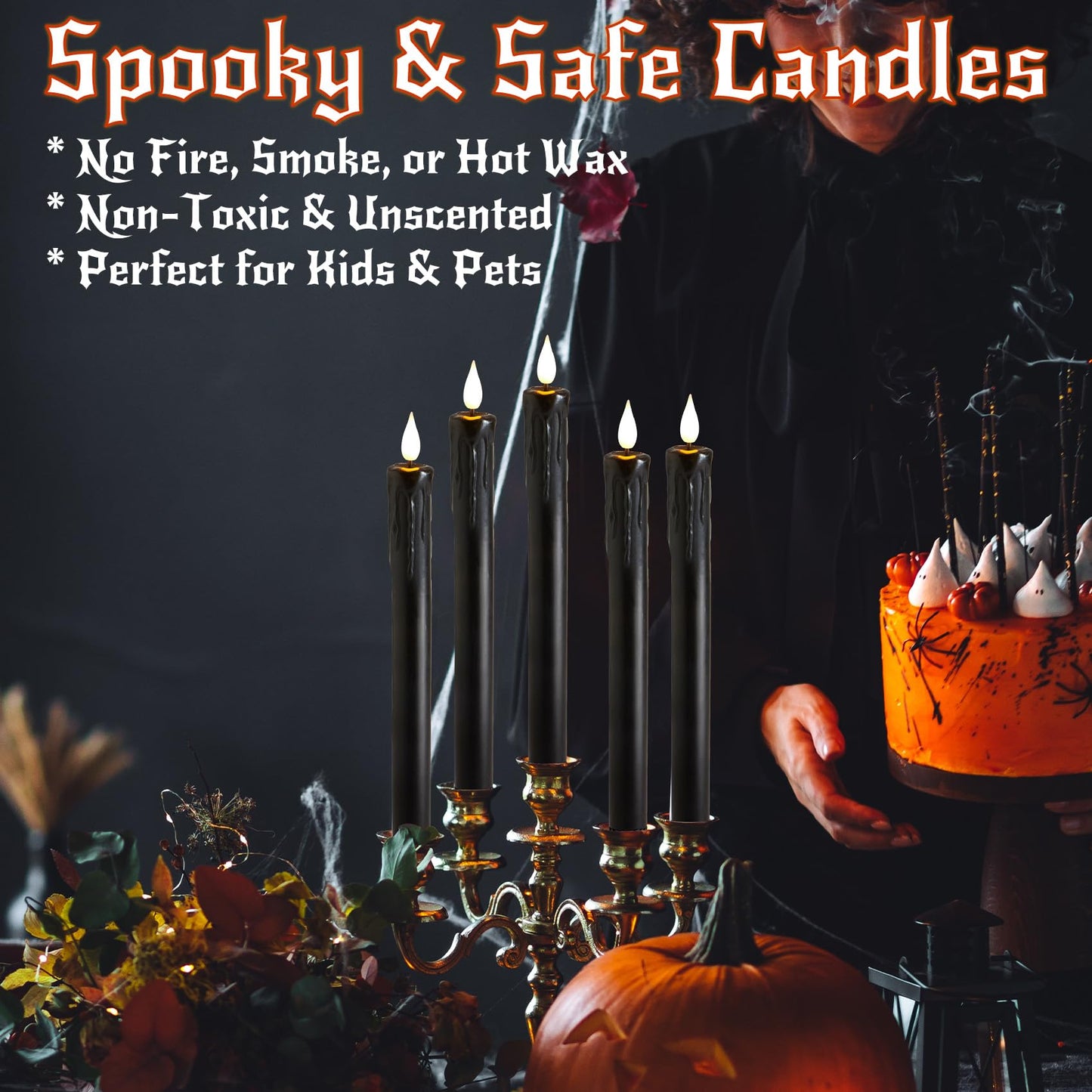 Velsyn Black Flameless Taper Candles with Remote and Timer - 9.65 Inch Real Wax LED Candlesticks - Wax Drip Battery Operated Halloween Taper Candles with 3D Flickering Flame Halloween Decor, 3 Pack