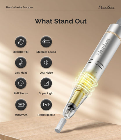 MelodySusie Portable Nail Drill 30000 RPM,SC320F Professional Rechargeable Electric Nail File,Cordless Nail E File for Acrylic Nails Gel Polishing Removing,Efile Nail Kit for Manicure Salon Home,White