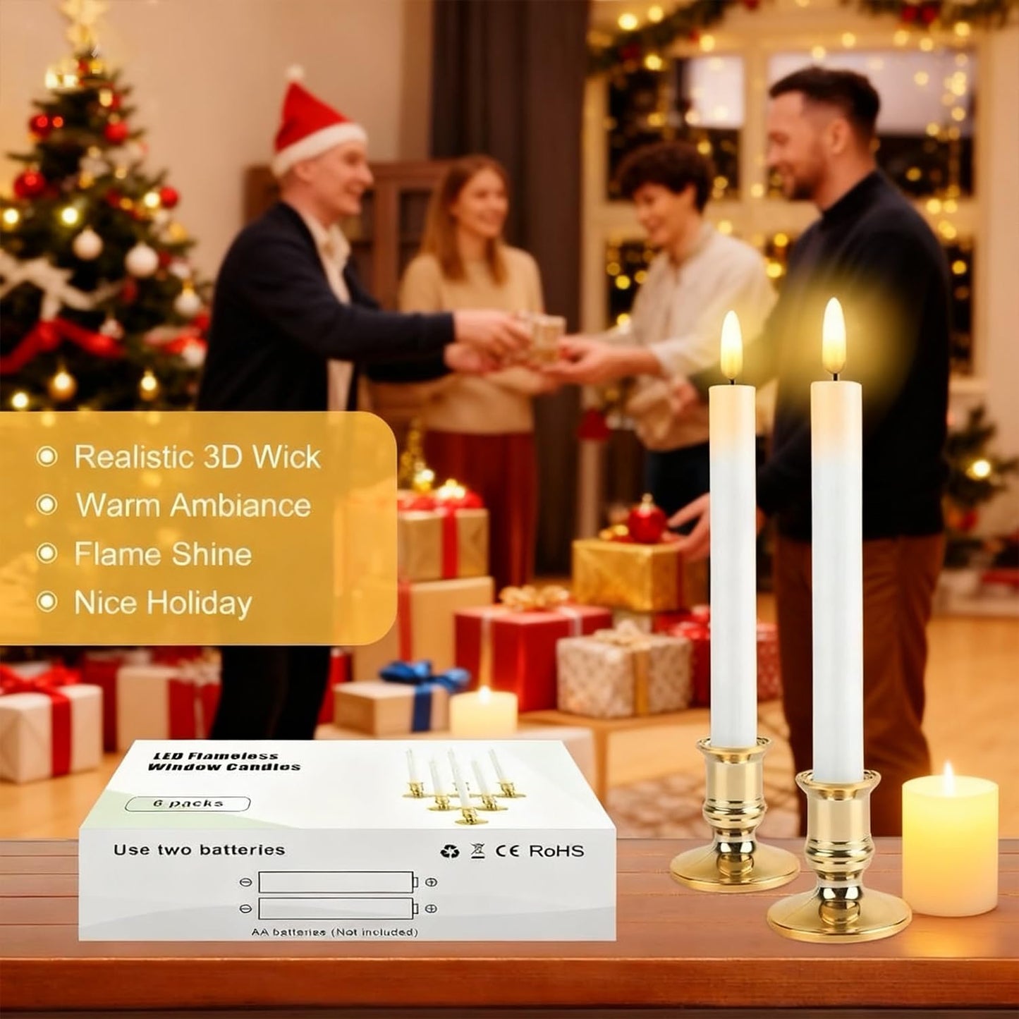 Hoisebecy Christmas Window Candles, 6 Pcs Battery Operated Flameless Taper Candles with Remote, Timer, 3D Wick, Holders & Suction Cups for Christmas, Wedding, Halloween Decor