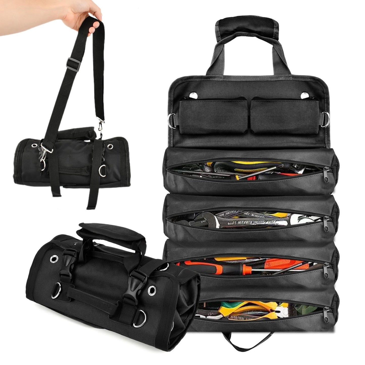 Roll Up Tool Bag, Heavy-Duty Waterproof Tool Roll Organizer with 4 Compartments and 2 Detachable Zipper Pouches, Compact Tool Storage for Mechanics, Electricians, RV and Motorcycle (Black)