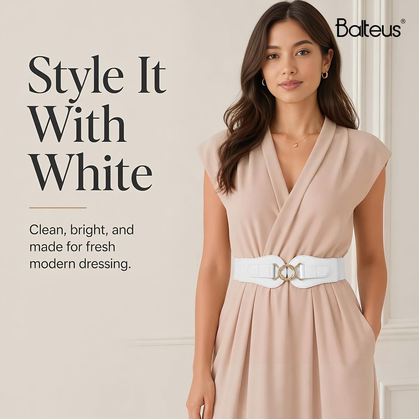 Womens Wide Waist Belt for Dresses High-Resilience Stretchy Woven Elastic Belt with Anti-Scratch Gold-Tone Interlocking Buckle for Office Date Modern Outfits
