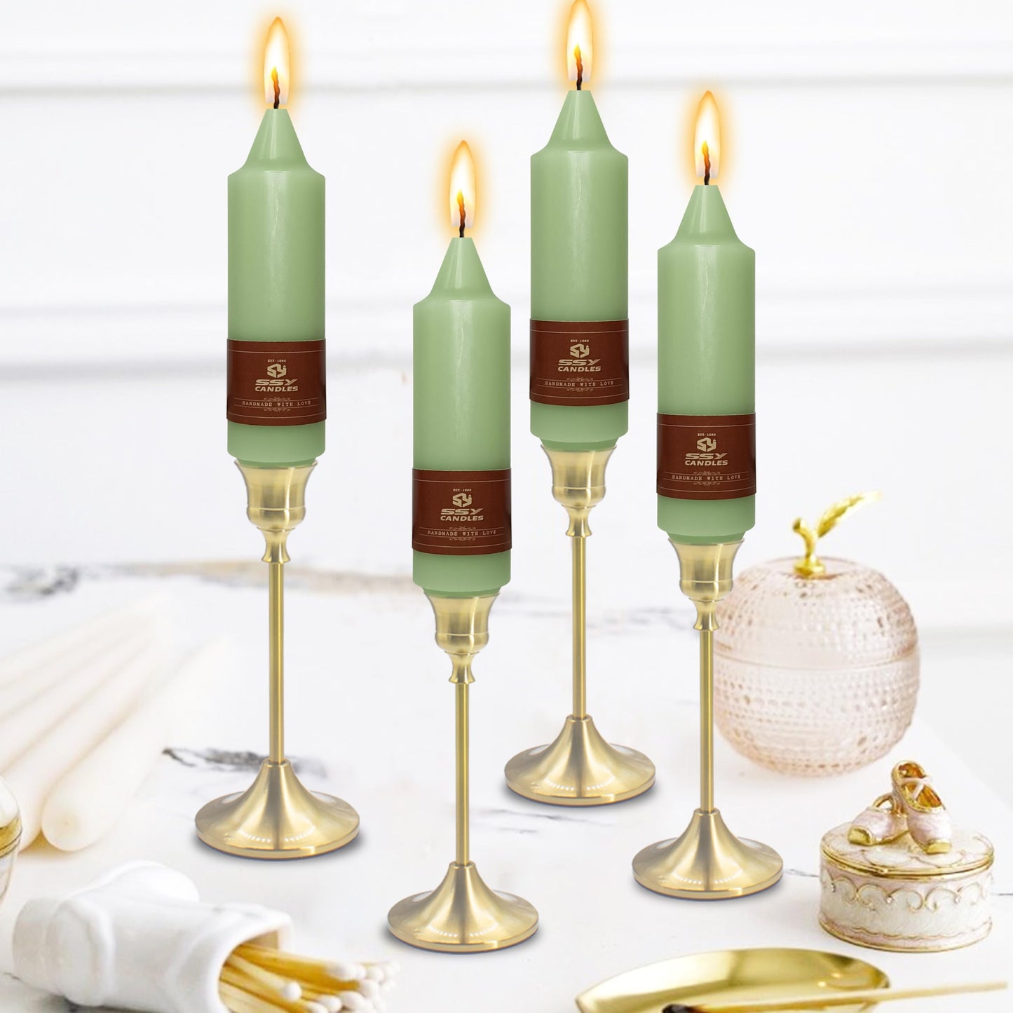 5 in Unscented Taper Candles Light Green Candles 4 PCS Smokeless Small Candlesticks for Dinner Household Wedding Party Home Décor