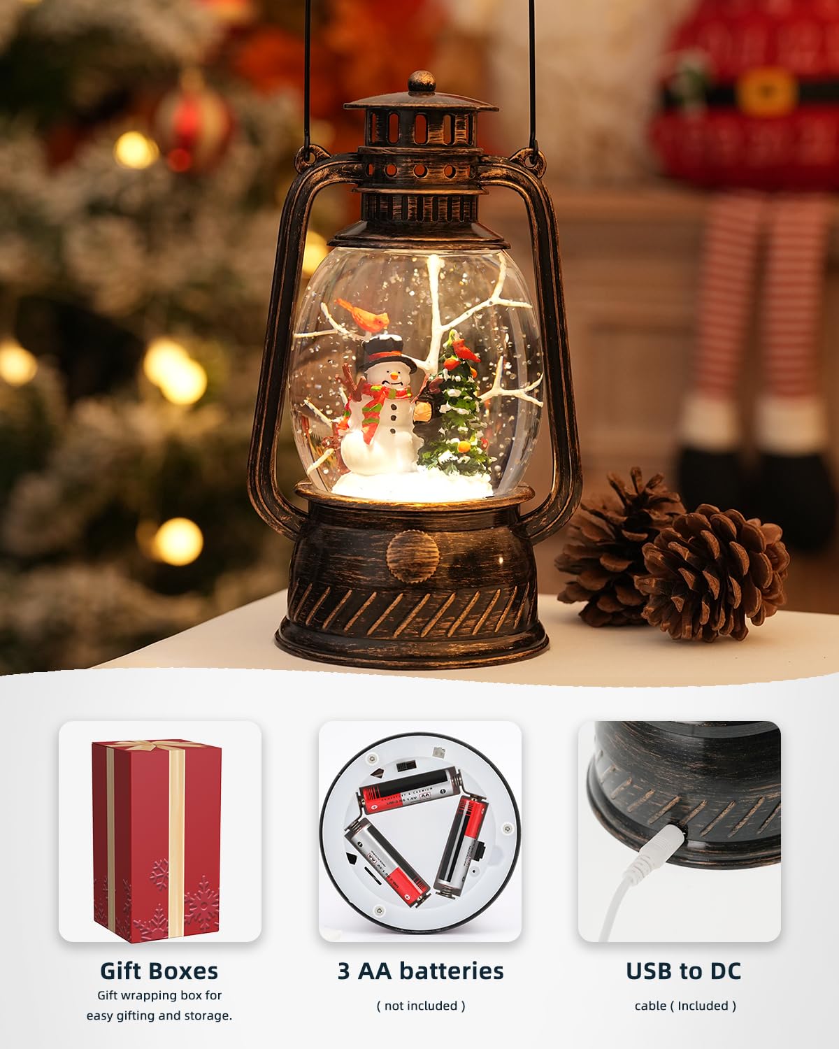 Snow Globe Christmas Decorations Indoor - Musical Christmas Snow Globes with 6H Timer,Snowman Christmas Snow Globes Lantern USB or Battery Powered,Christmas Decor for Home