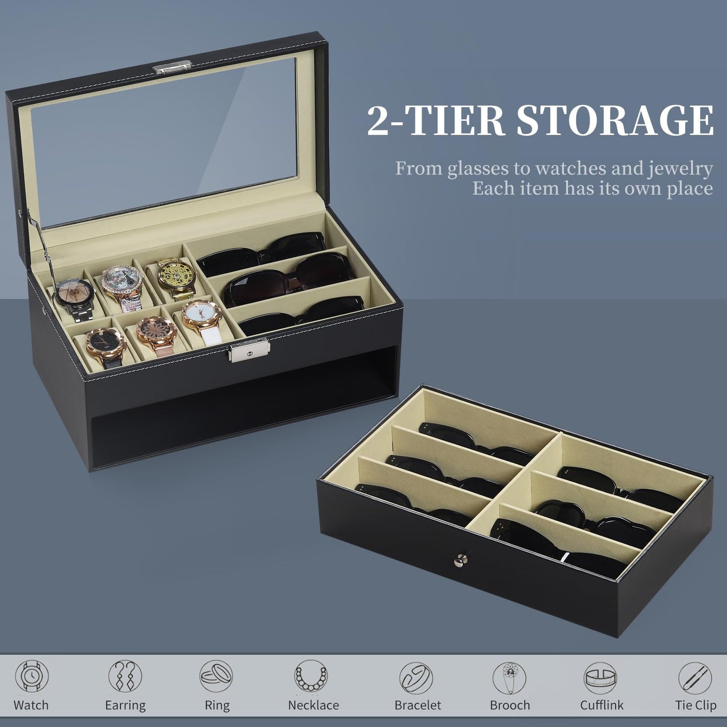 AUTOARK Leather 6 Watch Box Jewelry Case and 9 Piece Eyeglasses Storage and Sunglass Glasses Display Drawer Lockable Case Organizer,Black,AW-048