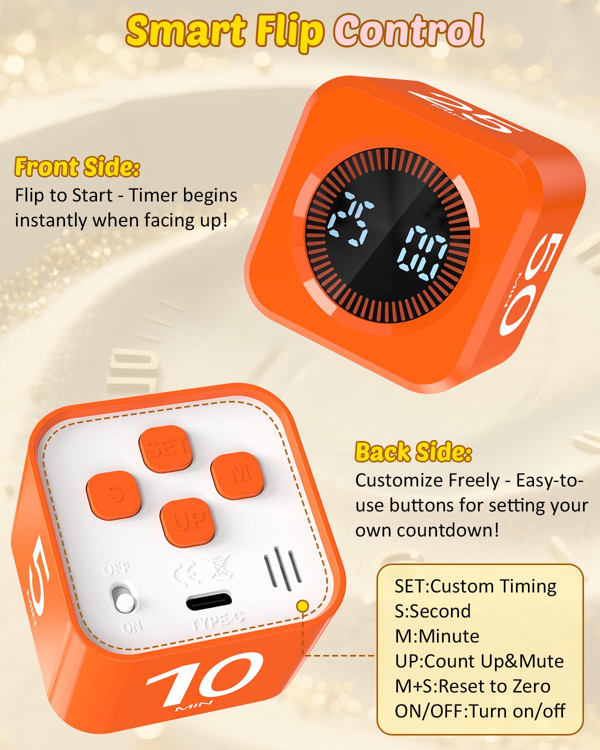 COWVTUJ Digital Pomodoro Timer Cube 5/10/25/50min, Visual Productivity Flip Timer for Kids Classroom Desk, Custom Countdown, Silent and Sound Mode for ADHD Study Work Game Kitchen (Orange)