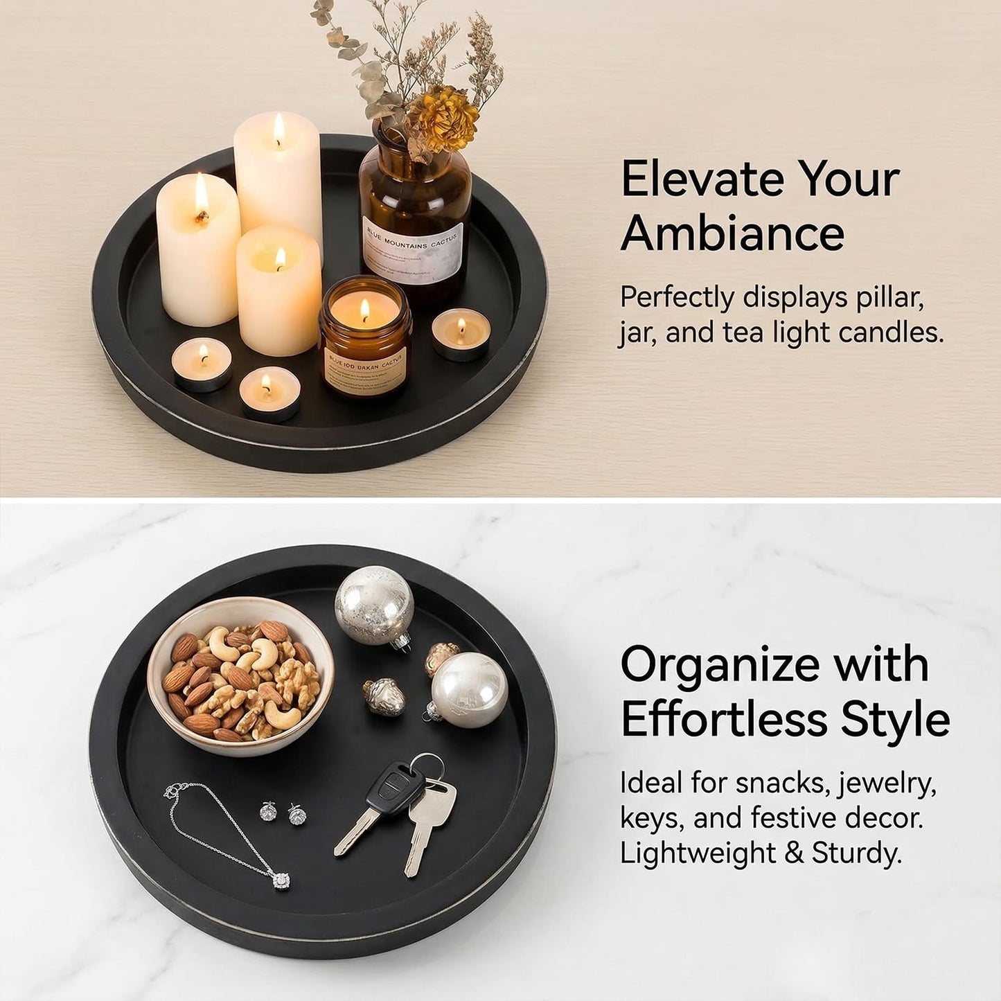 OKSON 3-Pack Round Wooden Candle Plate Holder Trays, Rustic Farmhouse Decorative Round Wood Tray for Coffee Table, Dining, Tealight & Pillar Candles, Party, Wedding, Christmas Home Decor (Black)