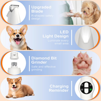 Dog Paw Trimmer with LED Light, Upgraded 2 in 1 Dog Grooming Kit, Cordless Pet Nail Trimmers Grinder with 3 Ports for Small Medium Large Dogs, Pet Micro Precision Electric Trimmer for Paws Eyes Ears