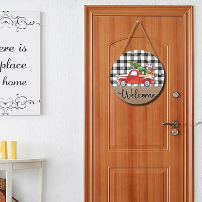 Harooni Christmas Welcome Front Door Sign for House Merry Christmas Holiday Decoration Hanging Sign Red Truck Xmas Round Wood Wreaths for Home Wall Porch Yard Garden Farmhouse Christmas Day 12"x12"