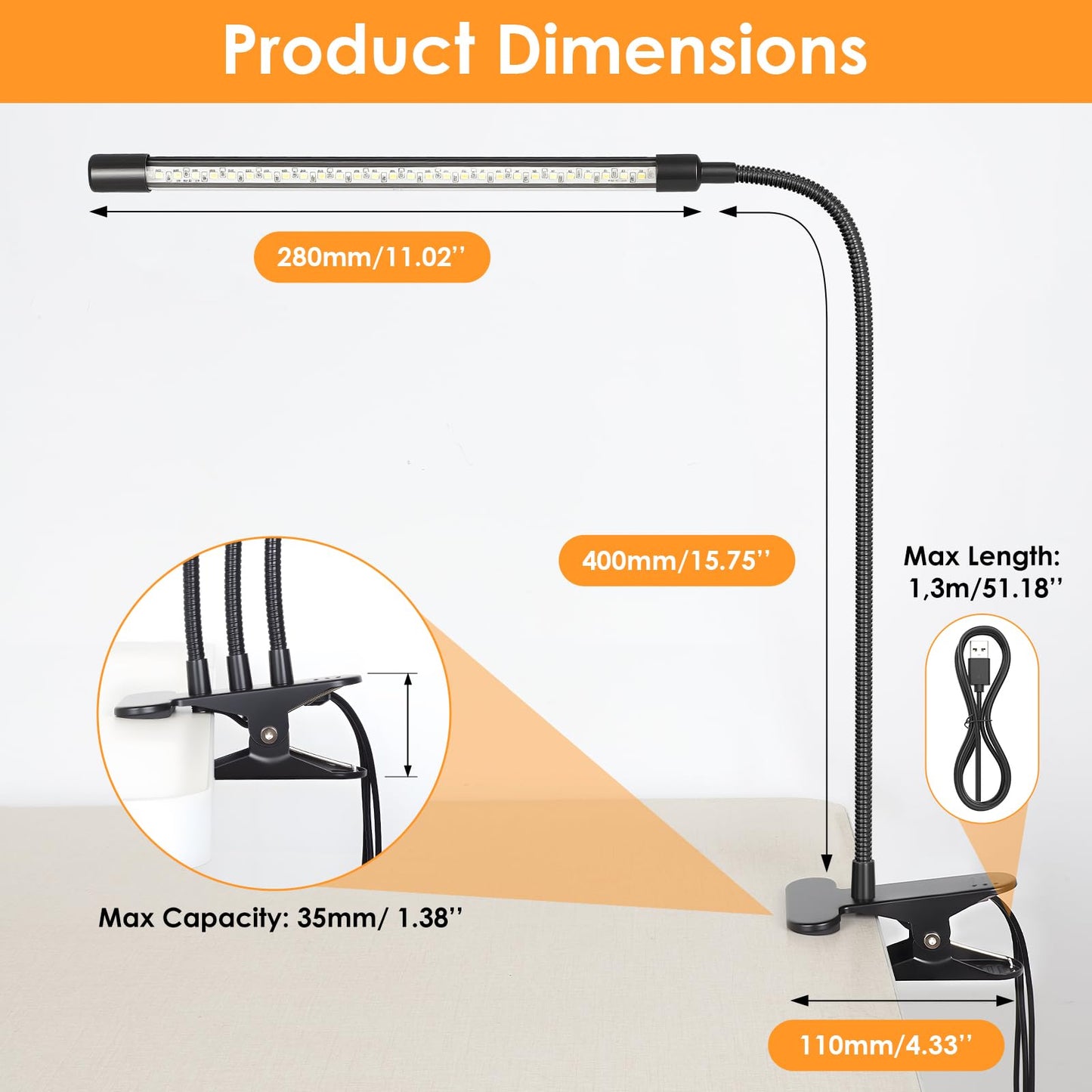 ShineTech LED Desk Lamp with Clamp, 3-Head Adjustable Gooseneck Task Lamps, Eye-Caring Stepless Dimming, 4 Color Modes, Memory & Auto-Off Timer, Clip On Desk Light for Home Office, Study, Reading