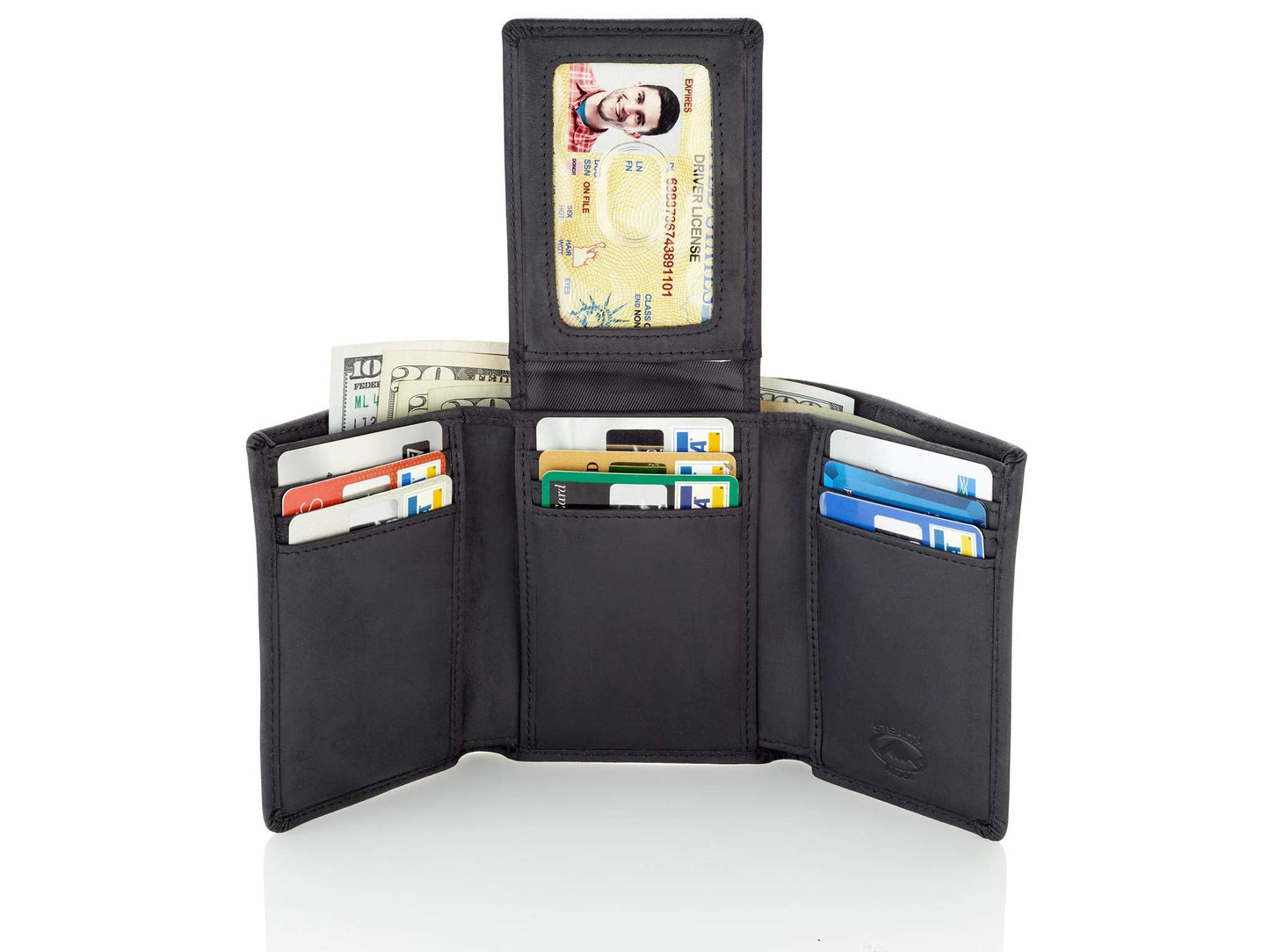 Stealth Mode Trifold Leather Wallet for Men with ID Holder and RFID Blocking (Black)