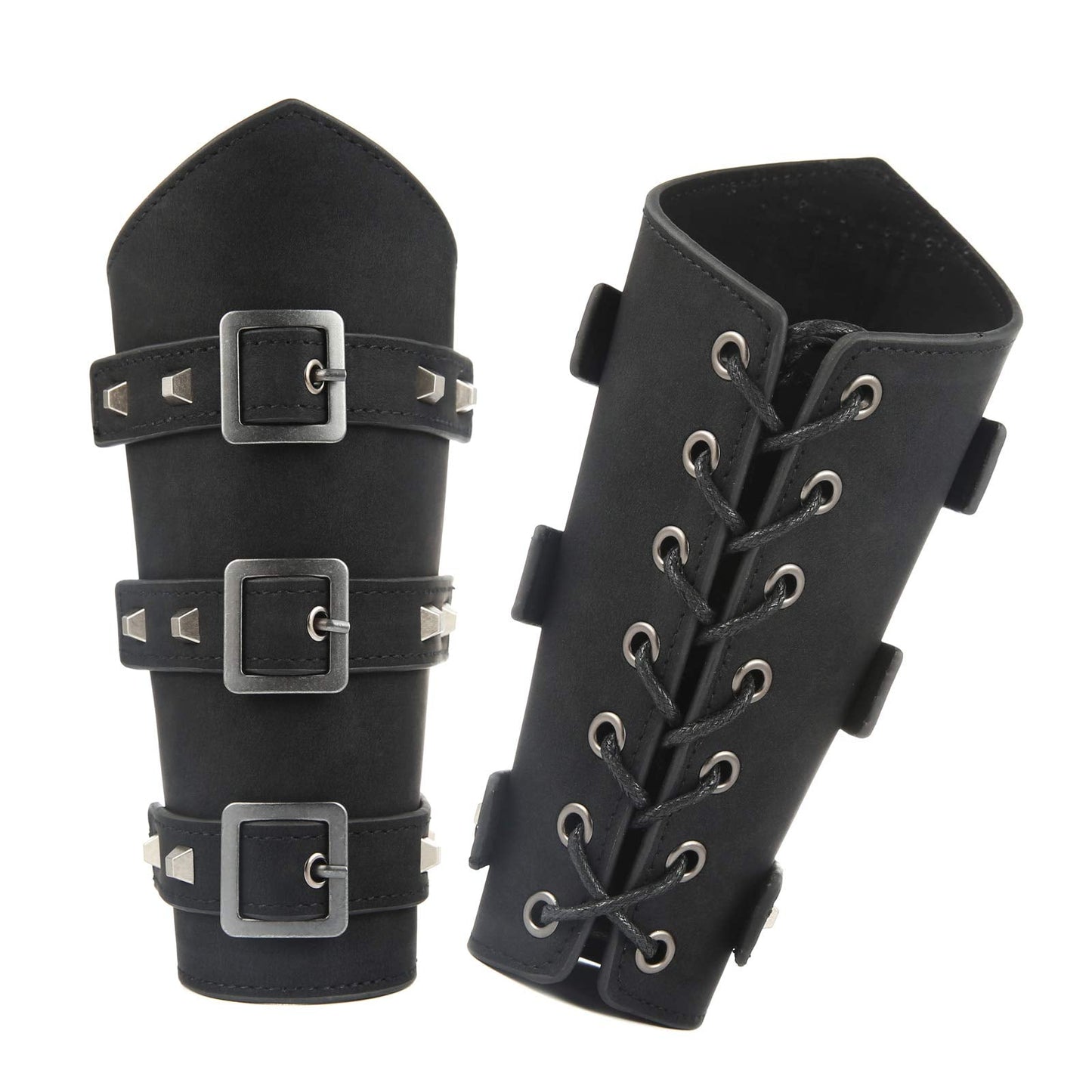 HZMAN Adults Faux Leather Arm Guards - Medieval Belt Buckle Bracers - One Size - Leather Armband Pair (Black)