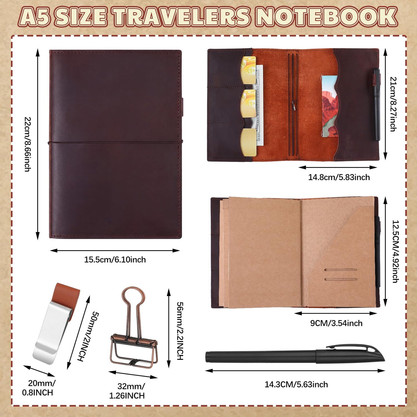 Eaasty Leather A5 Travelers Journal Notebook Cover with Inner Pockets, Card Slots and Pen Holder, Travelers Journal Inserts, PVC Folder, Binder Clip and Elastic Bands for Women Men (Brown)