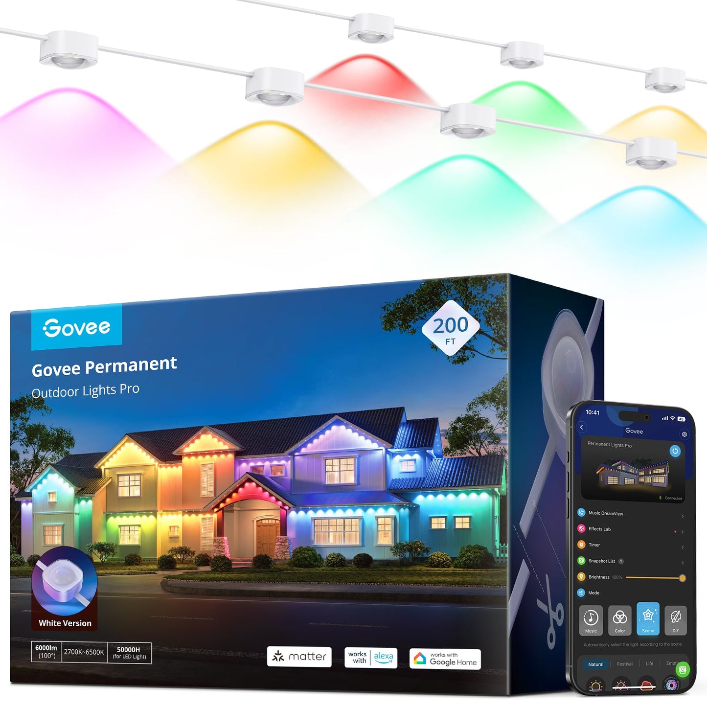 Govee Permanent Outdoor Lights Pro, 200ft with 120 RGBIC LED Lights for Daily and Accent Lighting, 75 Scene Modes for Patio Decor, IP67 Waterproof, Works with Alexa, Google Assistant, Matter, White