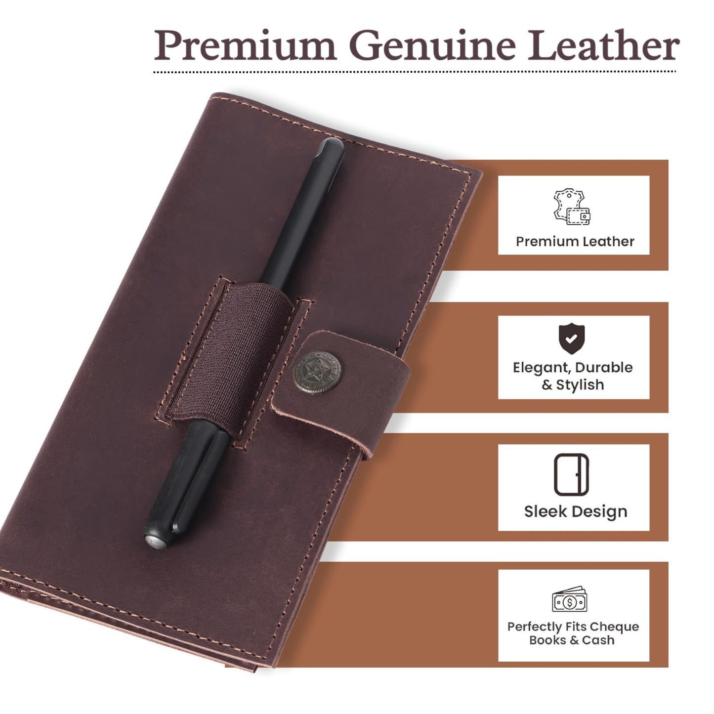Brown Leather Checkbook Cover for Men & Women, Full Grain Check Book Wallet with Pen Holder, Fits Personal & Duplicate Checks, Slim Money Organizer Case, Durable Leather Checkbook Holder 7x3.75 Inches