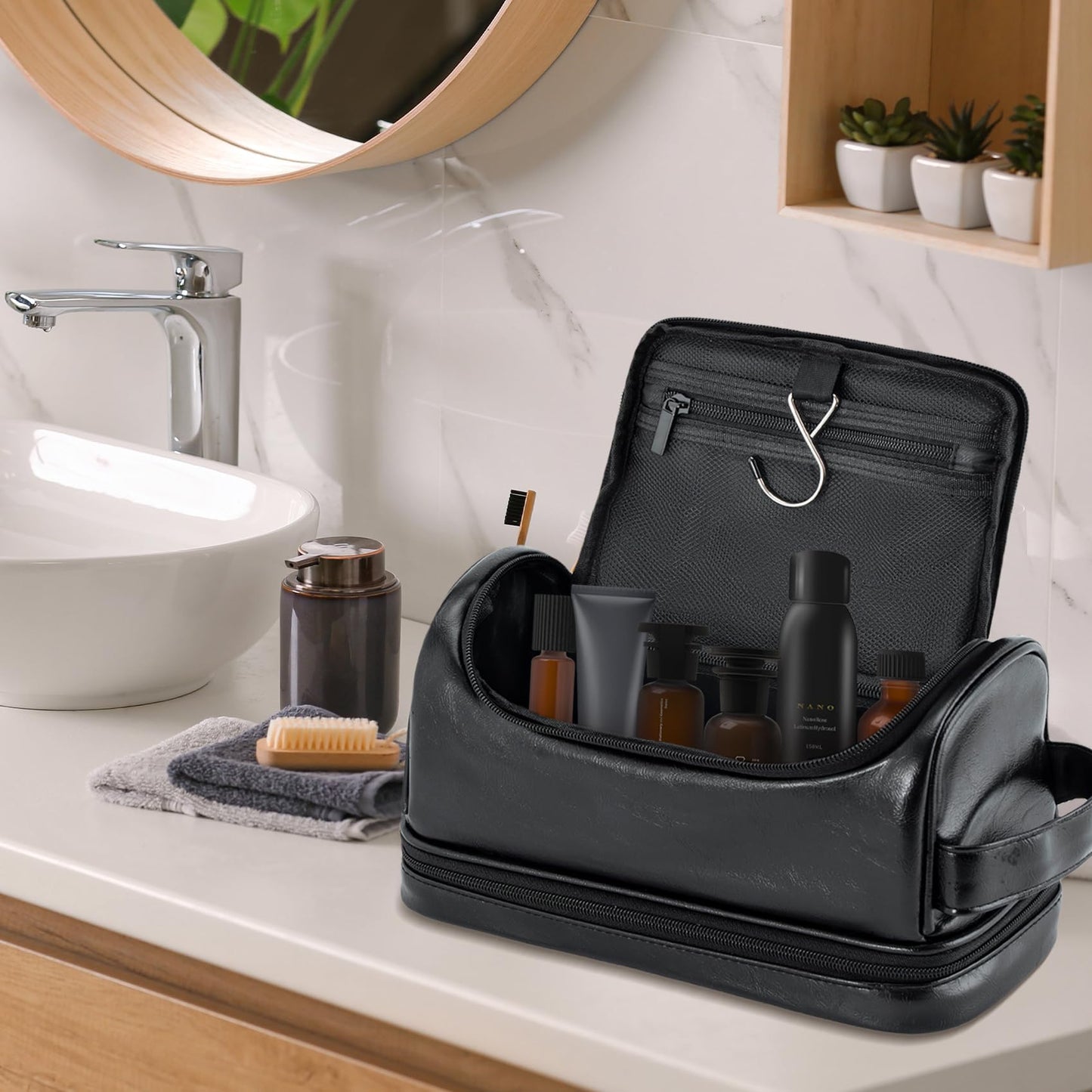 Aganmi Personalized Gifts Travel Toiletry Bag for Men Him, Laser-Engraved Initial PU Leather Waterproof Shaving Bag Christmas Birthday Gift for Men Dad Husband Boyfriend Groomsmen, Black M