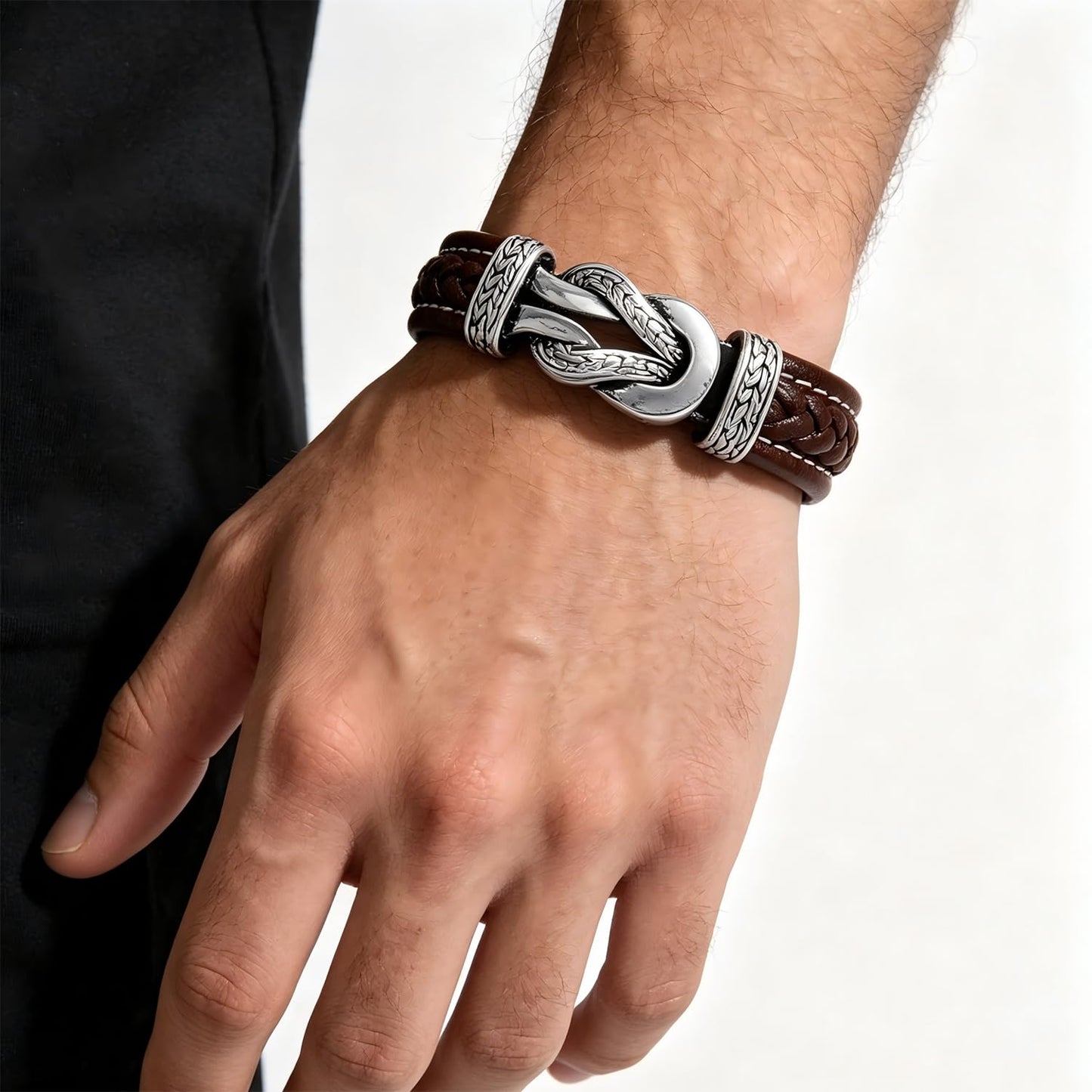LJWVX Men's Braided Brown Leather Bracelet Wristband Cuff Bracelet for Men Gifts Stainless Steel Clasp