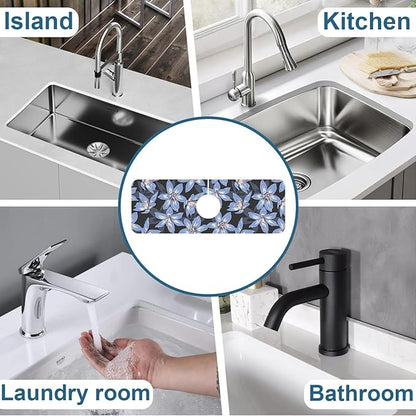 Blooming Lily Sink Faucet Absorbing Mat Blue Lily Flowers Super Absorbent Fast