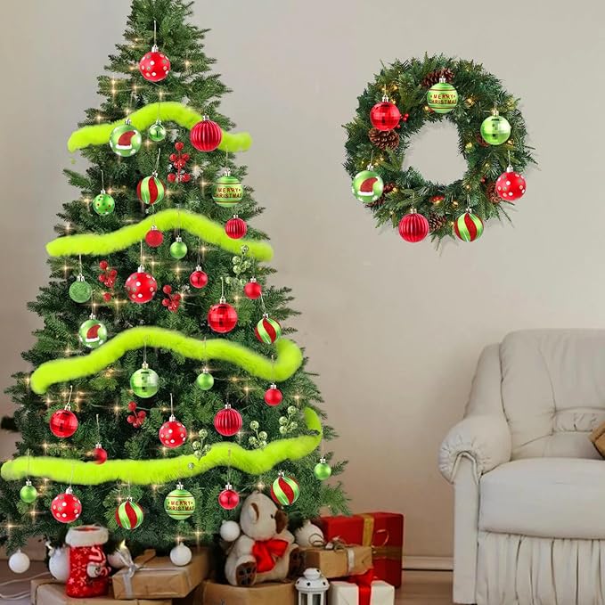 57pcs Christmas Balls with Green Fur Plastic Christmas Baubles for Tree Decoration Red Green Glittering Hanging Xmas Balls with Swirl Candy Cane for Home Holiday Party Indoor Decor
