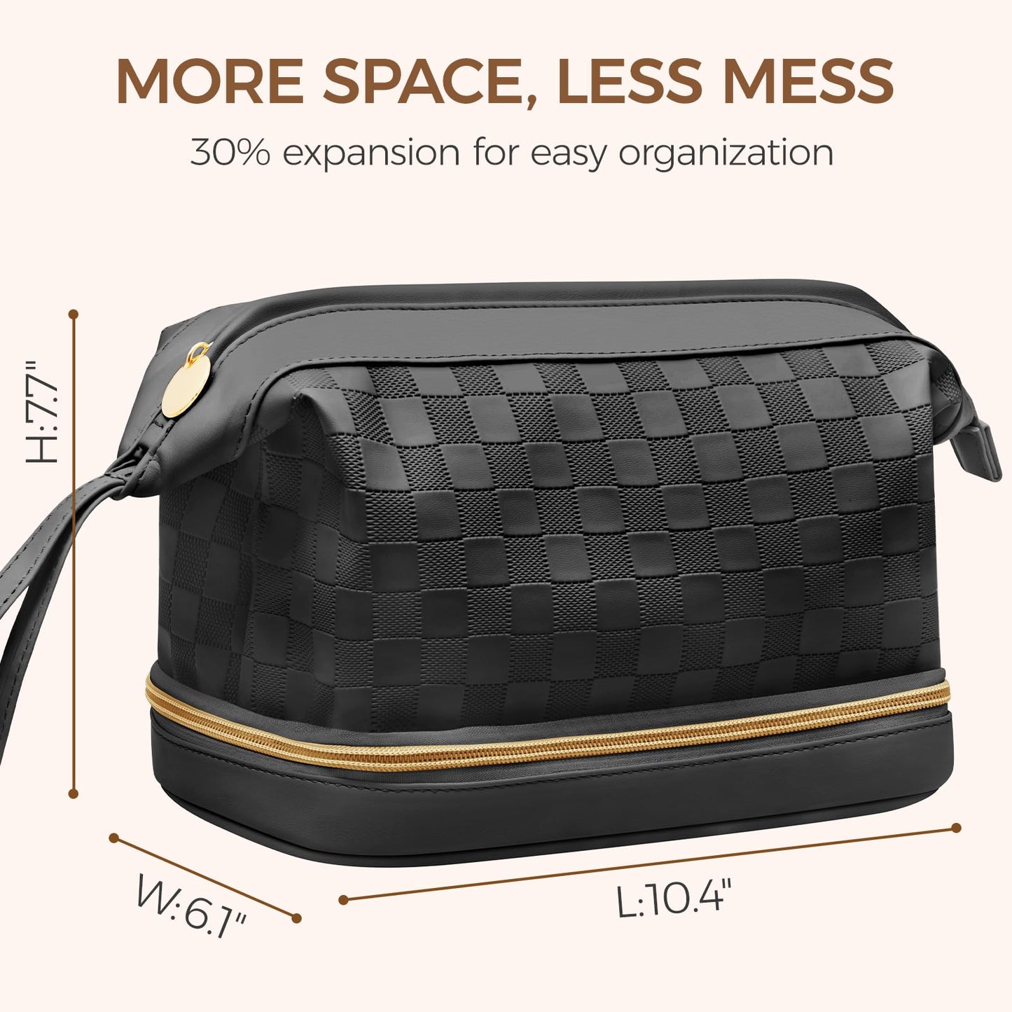 Hairao Large Makeup Bag for Women, Double Layer Travel Makeup Bag with Brush Compartment, Waterproof PU Leather Cosmetic Bag, Checkered Toiletry Bag Makeup Organizer for Skincare & Toiletries, Black