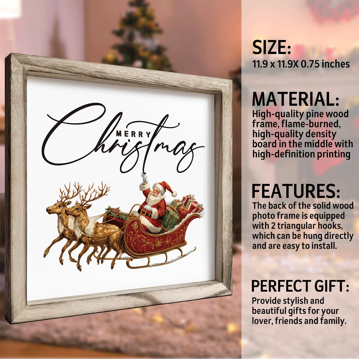 Christmas Wall Decor, Merry Christmas Santa Sleigh Wall Sign, Decorative Wooden Frame Decor, Farmhouse Holiday Art for Living Room Entryway, Framed MDF Hanging Decoration