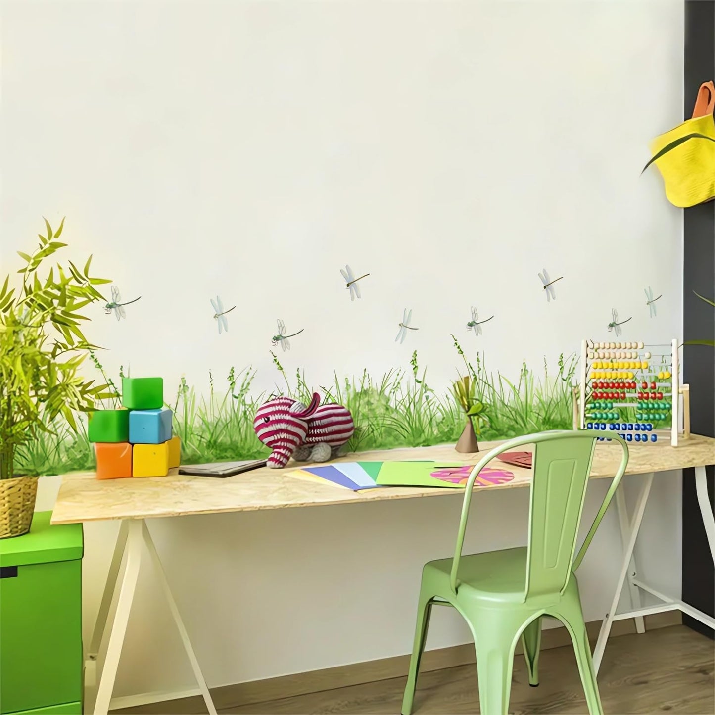 sacinora Fresh Green Grass Dragonfly Wall Stickers, Nature Green Plants Wall Decals Removable Vinyl Peel and Stick Baseboard Border Kitchen Bedroom Living Room Art Home Decor