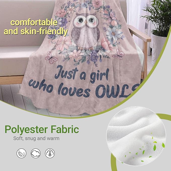 Owl Floral Lightweight Throw Blanket, Cute Cartoon Animal with Flower and Butterfly, Warm Soft Cozy Flannel Blankets, Couch Dorm Home Decor All Season Use, 60x50in, Pink, Gifts for Girls Women
