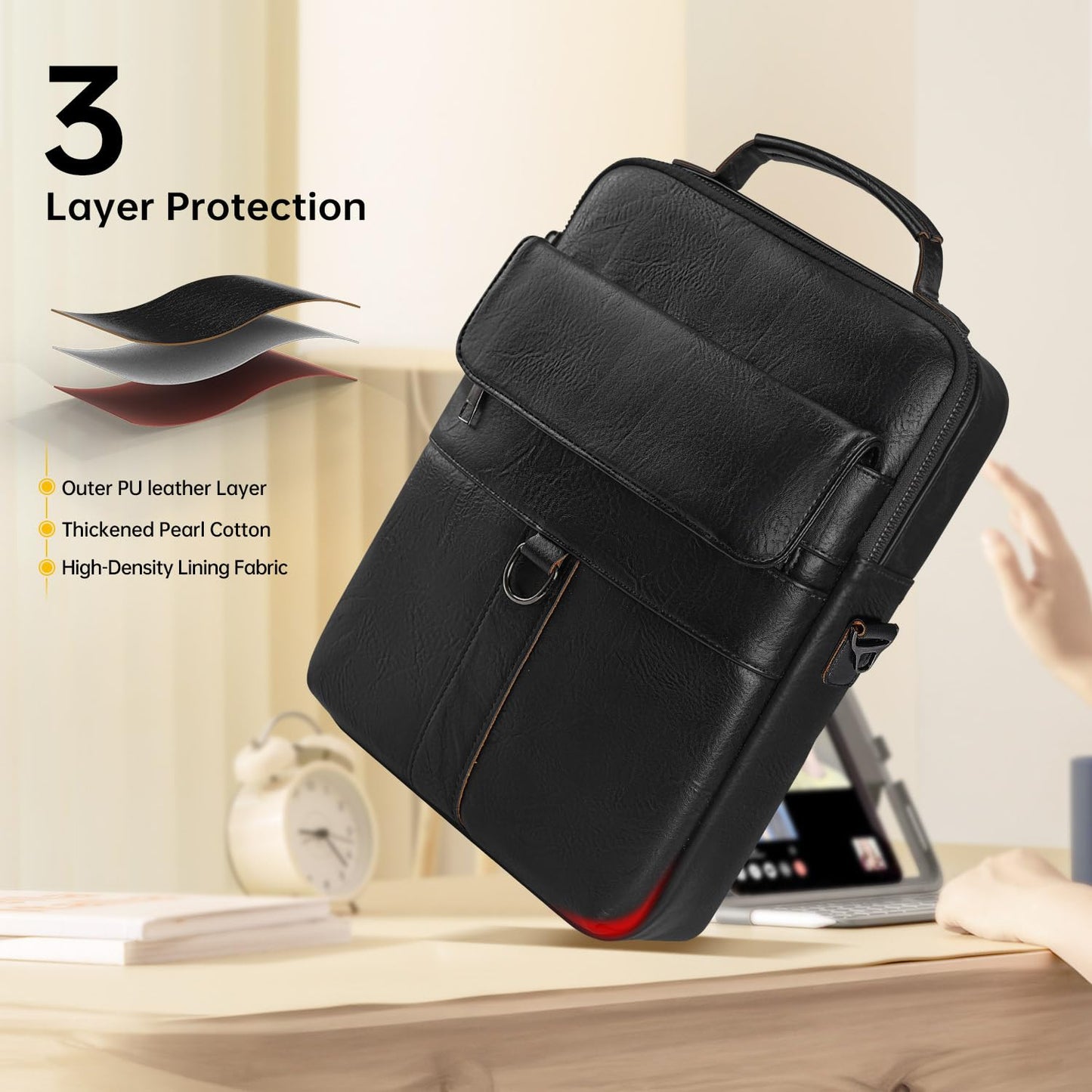13 Inch Laptop Leather Sleeve for 2026-2022 MacBook Air 13 M5 M4 M3 M2 A3449 A3240 A3113 A2681, 13" MacBook Neo A18, Protective Carrying Bag Shoulder Travel Case with Pockets, Black