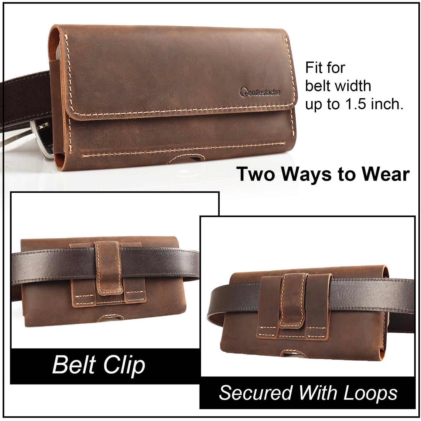 Gentlestache Leather Phone Holster for iPhone 15 Pro Max & Galaxy S24 Ultra - Two Pocket Phone Pouch with Thick Case, Dark Brown
