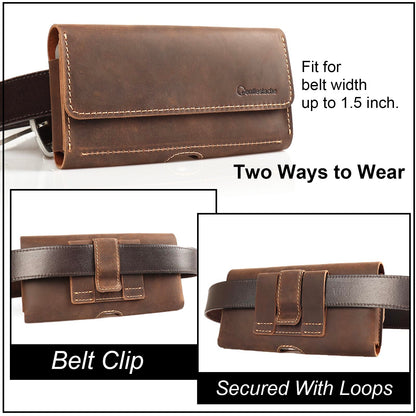 Gentlestache Leather Phone Holster for iPhone 15 Pro Max & Galaxy S24 Ultra - Two Pocket Phone Pouch with Thick Case, Dark Brown