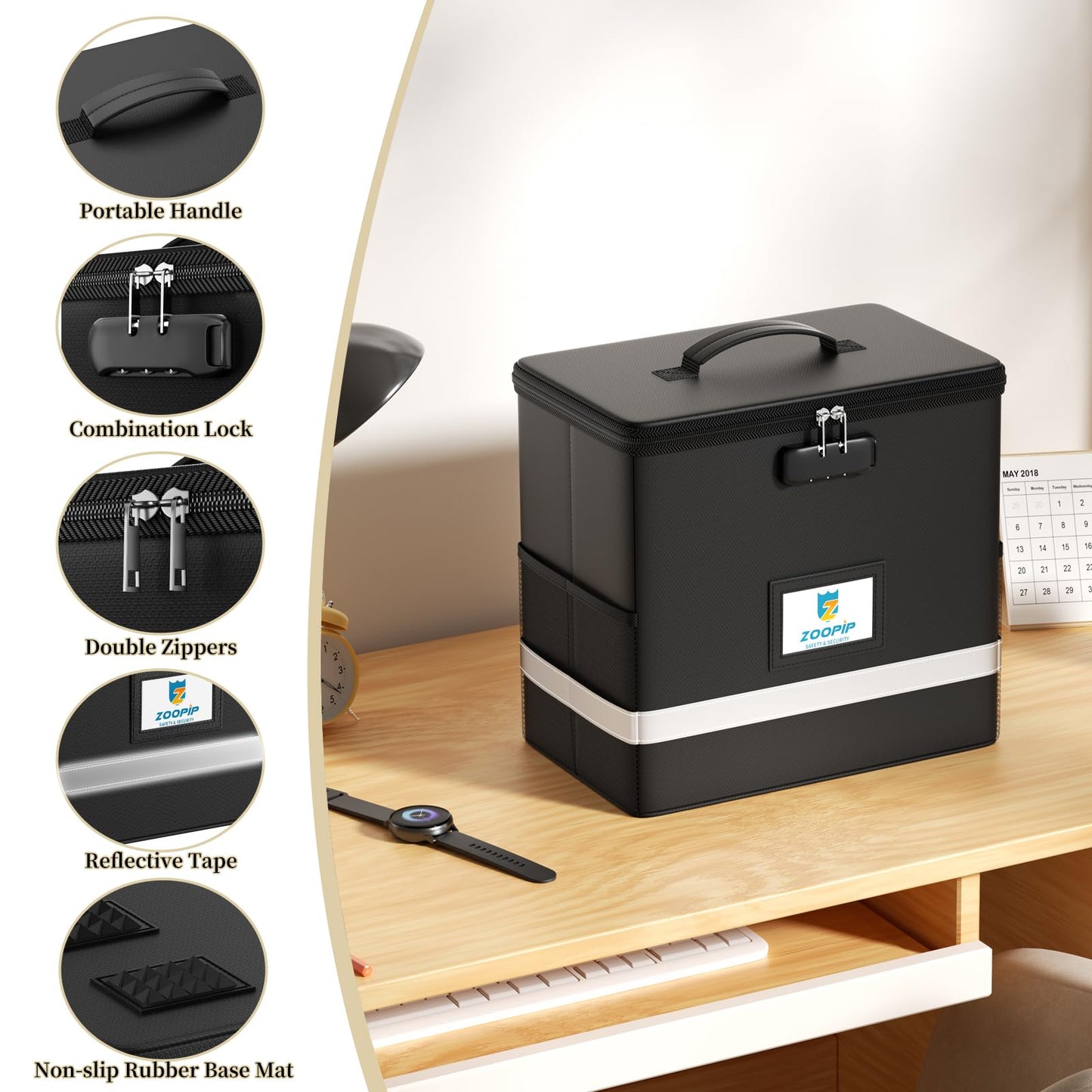 ZOOPIP Fireproof File Box with Lock, Document Box Storage Organizer, Suitable for Hanging File Folders in Letter Size, Collapsible File Box, Reflective Strip for Fast Find (12.2"*6"*10.2, Black)