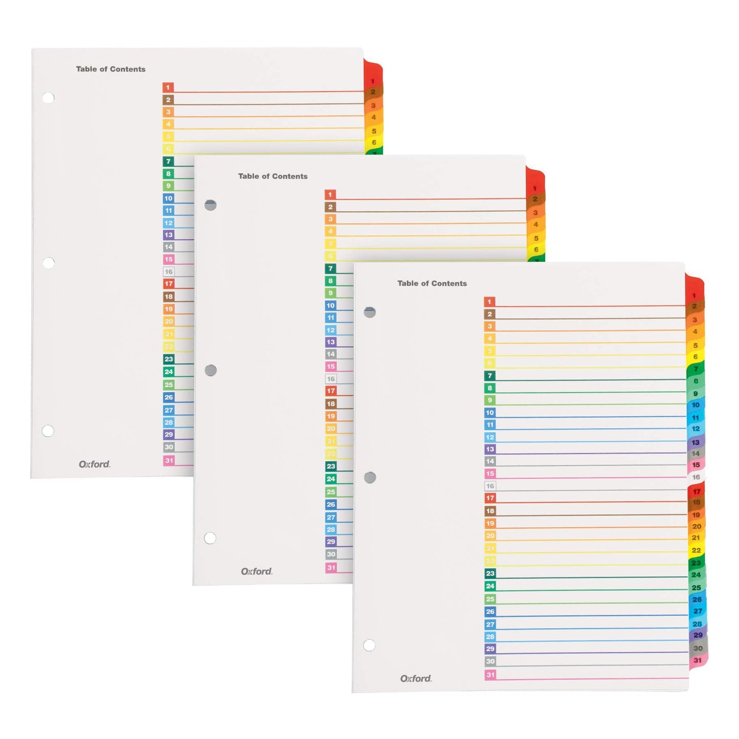 Oxford Binder Dividers, 31 Tabs, Numbered 1–31, 3 Pack, Customizable Table of Contents Page, Reversible Multicolor Tabs, 3-Hole Punched for Binders
