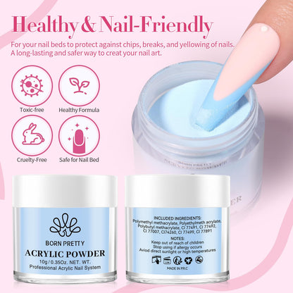 BORN PRETTY Acrylic Nail Kit - Acrylic Powder (Clear, White, Pink) & Liquid Set with Nail Forms, Brush Pen, File & Glass Container - Beginner Friendly