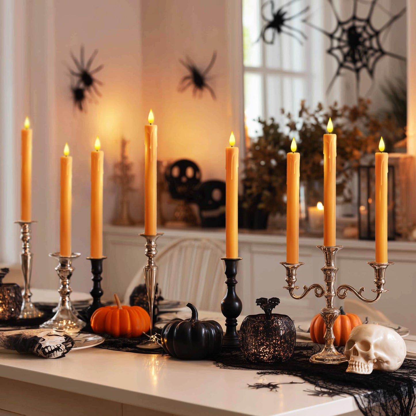Homemory 6 Pcs Orange Flameless Taper Candles with Remote, Timer, Dimmer, Battery Operated CandleSticks with Flickering Light, Plastic Led Window Candles, for Halloween Decoration 9.6 Inches