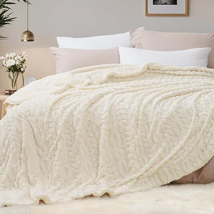 PHF Fluffy Sherpa Blanket Queen Size for Winter, Warm and Soft, 510GSM 3D Jacquard Thick Shaggy Fleece Plush Blanket for Sofa Bed, Cream, 90"x90"
