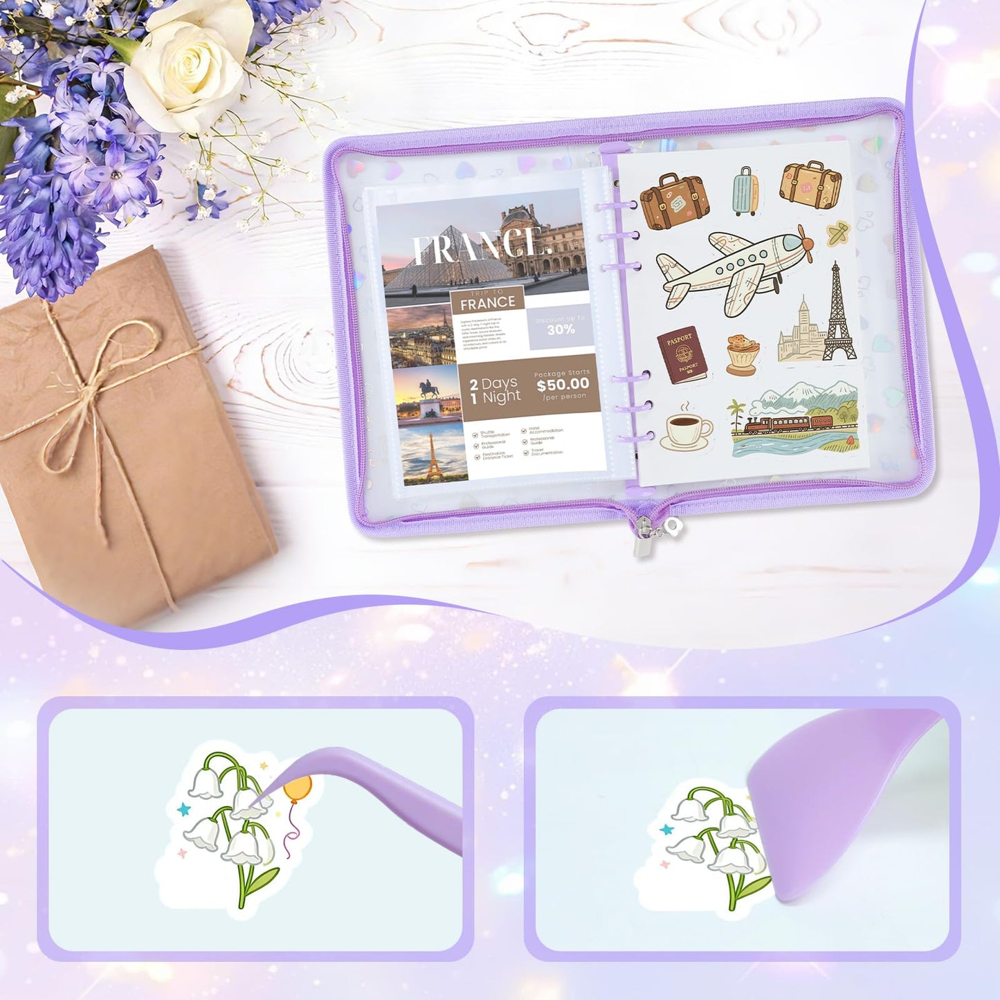 Sticker Storage Organizer Binder A5 Sticker Zipper Photocard Binder Holder Collecting Book Organizing Trading Card Album Holder with Blank Reusable Release Paper Purple(Heart)