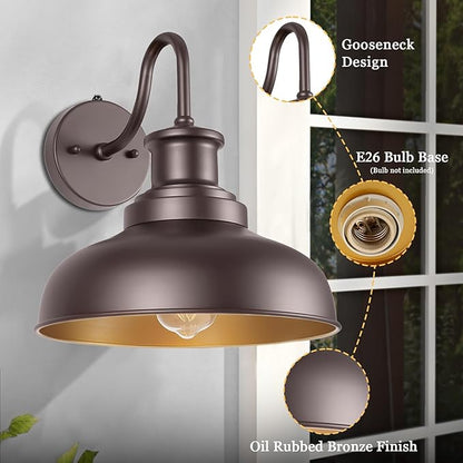 Dusk to Dawn Outdoor Gooseneck Barn Light Outdoor Wall Sconce Farmhouse Exterior Wall Mount Lights Vintage Outside Lighting Fixture Industrial Bronze Lantern for Porch Garage Shed Patio, 1 Pack