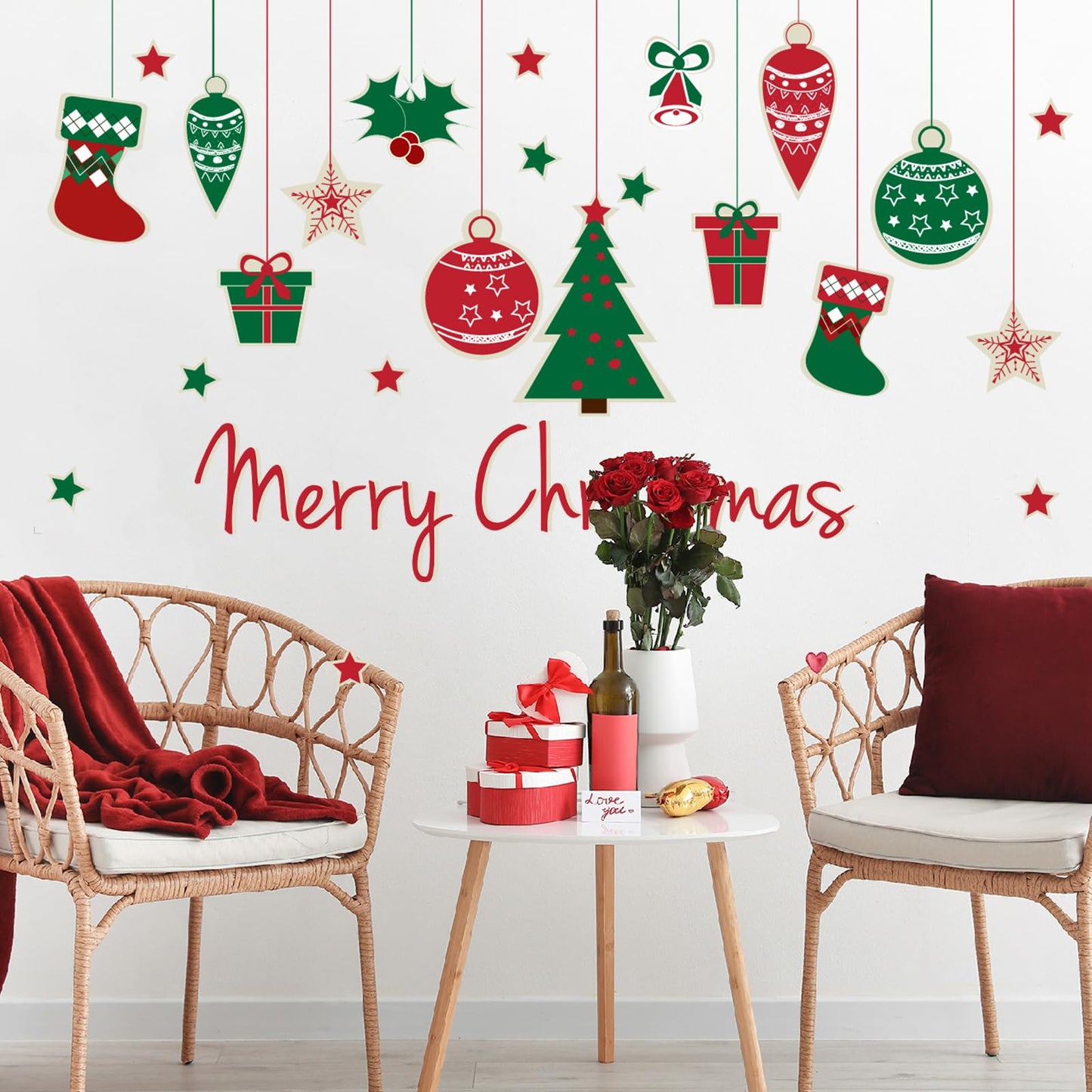 Merry Christmas Wall Decals Xmas Tree Snowflake Gift Wall Stickers Peel and Stick Removable Art Mural for Kids Gift Bedroom Living Room Door Window Decor Supplies