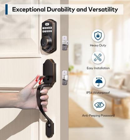 TEEHO Keyless Entry Door Lock Deadbolt with Handle Set, Electronic Digital Smart Locks Set for Front Door with 2 Keys, Easy to Install Keypad Deadbolt, Auto Lock - Matte Black