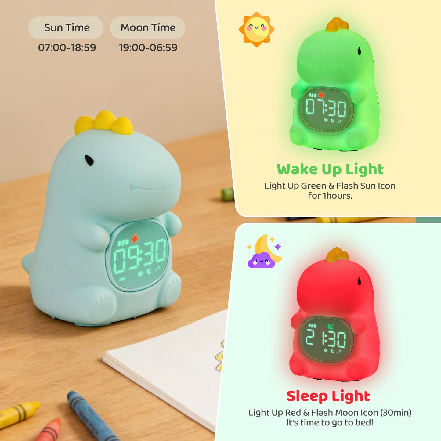 Dinosaurs Alarm Clock with Night Light for Kids with Sleep Training and Sound Machine, Rechargeable Silicone Lamp OK to Wake Clock，Cute Animal Tabletop Lamp, Perfect Sleep Companion for Boys Girls