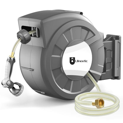 Retractable Garden Hose Reel, 1/2 in x 125 ft Wall Mounted Hose Reel, 10-Pattern Spray Nozzle, Any Length Lock/Slow Return System/Wall Mounted/180°Swivel Bracket