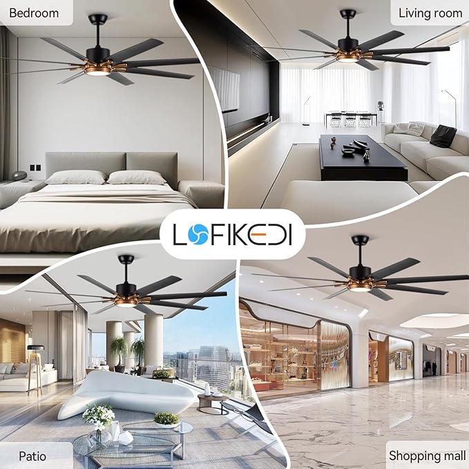 72 Inch Large Ceiling Fan with Light and Remote Control, 8 Blades Modern Ceiling Fan with Reversible DC Motor, Stepless Dimmable, Quiet for Indoor Use, Black and Gold