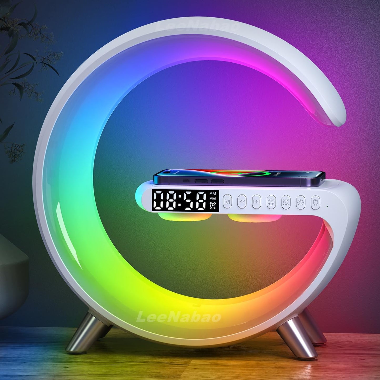 Smart LED Table Lamp,4-in-1 Wireless Charger with Speaker,Night Light, Alarm Clock, and Bluetooth Speaker with App Control, Ideal Gifts for Home, Office, Christmas(White)