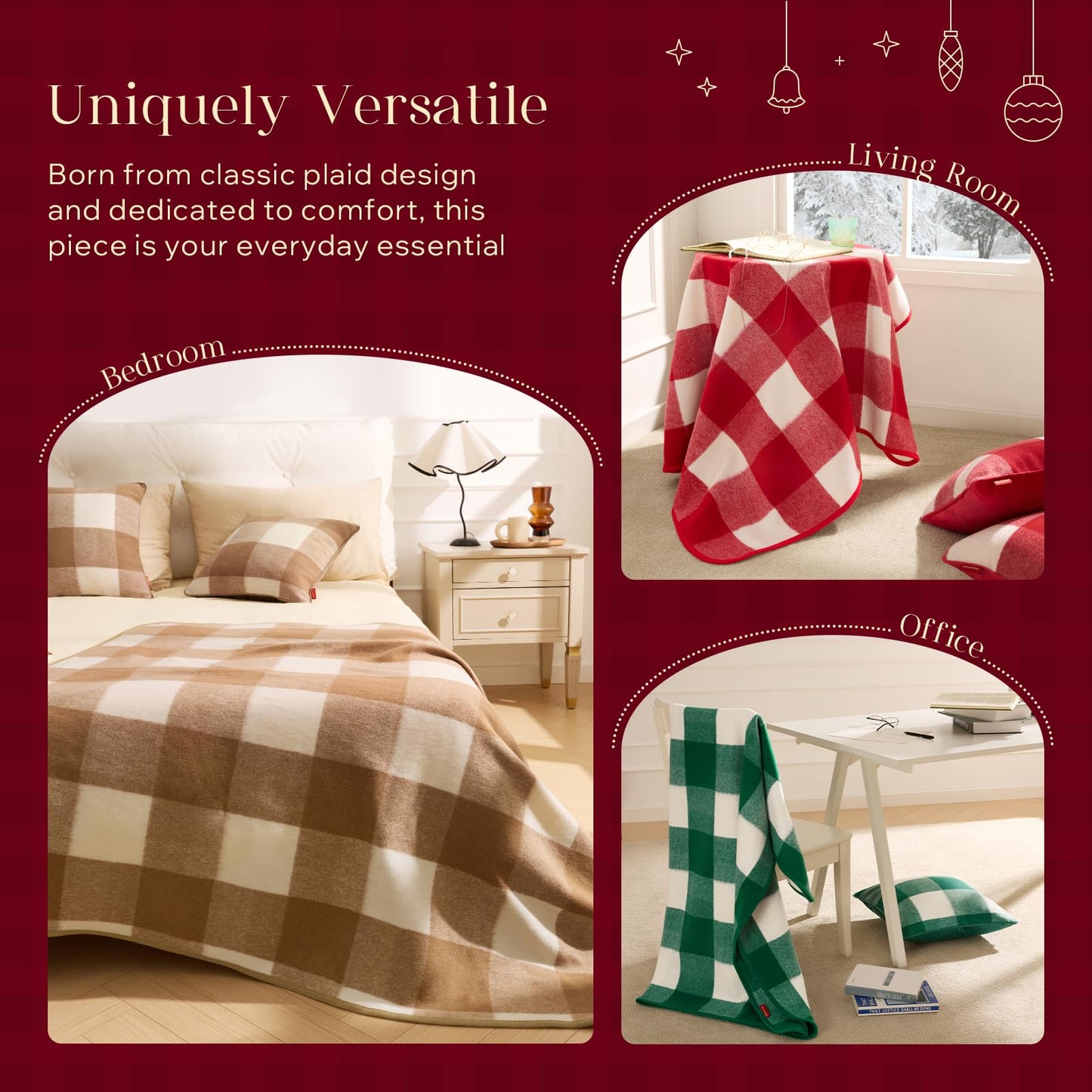 Phantoscope Pack of 2 Christmas Throw Pillow Covers, Premium Faux Wool Buffalo Check Pillow Covers with Locking Edge Xmas Plaid Decorative Pillows for Couch, Red, 18 x 18 inch